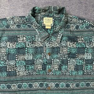 LL Bean Geometric Aztec Blue Button Up‎ Men XL Short Sleeve Traditional Fit